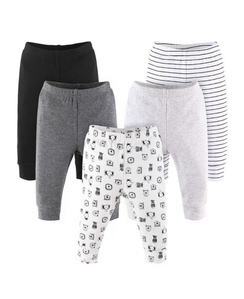 Baby Boy or Baby Girl Pants Set, 5 Pack, Grey Safari Animals