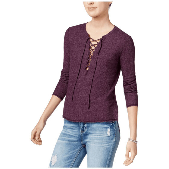 Chelsea Sky Womens Long Sleeve Lace Up Pullover Top Purple Eggplant M