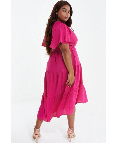 Plus Size Crepe Tiered Wrap Dip Hem Dress