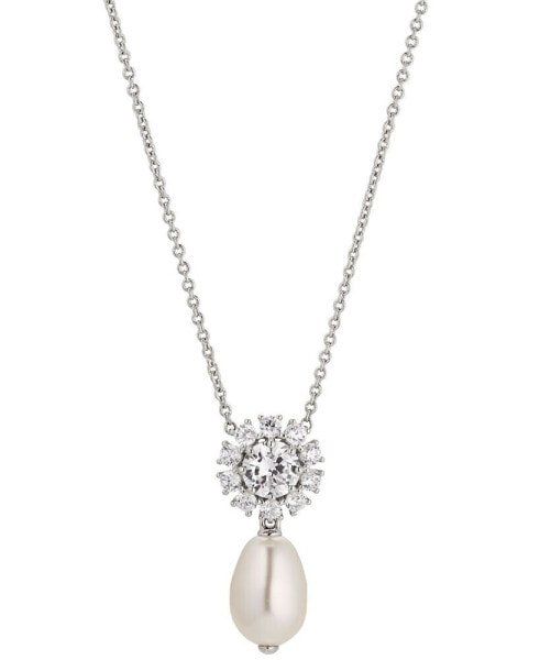 Rhodium-Plated Cubic Zirconia Flower & Imitation Pearl Pendant Necklace, 16" + 2" extender, Created for Macy's
