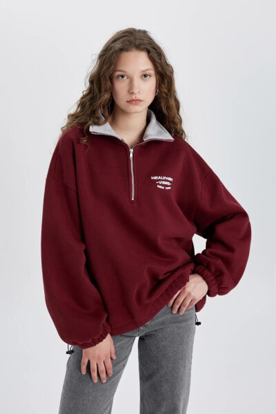 Oversize Fit Yarım Fermuarlı Nakışlı Kalın Kumaş Sweatshirt C4581AX24SM