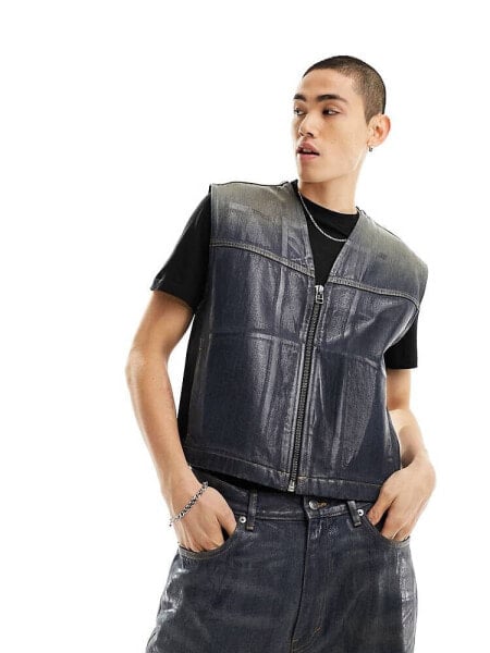 Weekday Aitos co-ord wax coated denim zip up vest in blue wash