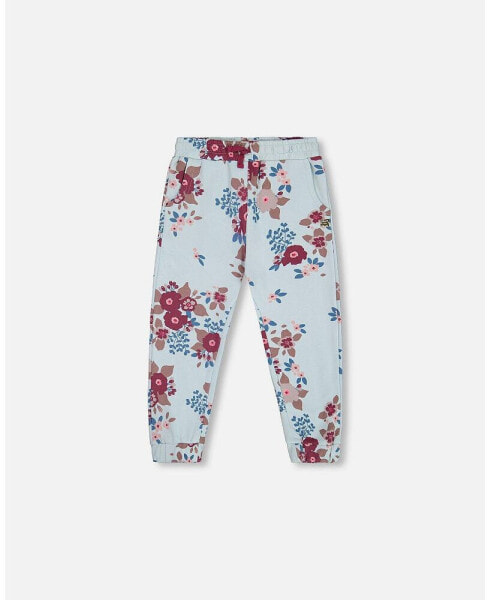 Toddler Girls Fleece Sweatpants Light Blue Printed Flowers