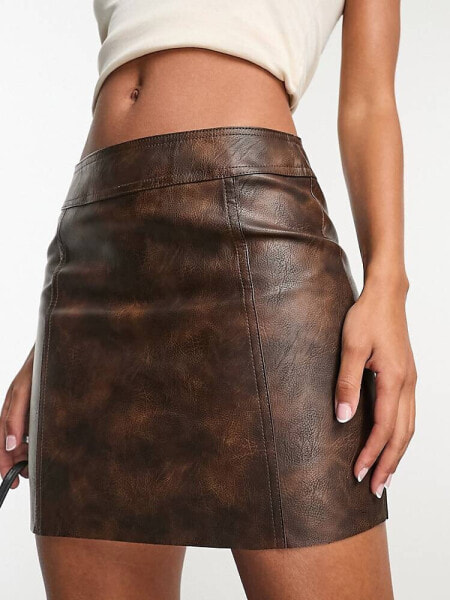 ASOS DESIGN faux leather micro mini skirt in washed brown