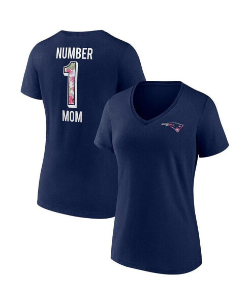 Women's Navy New England Patriots Plus Size Mother's Day #1 Mom V-Neck T-shirt