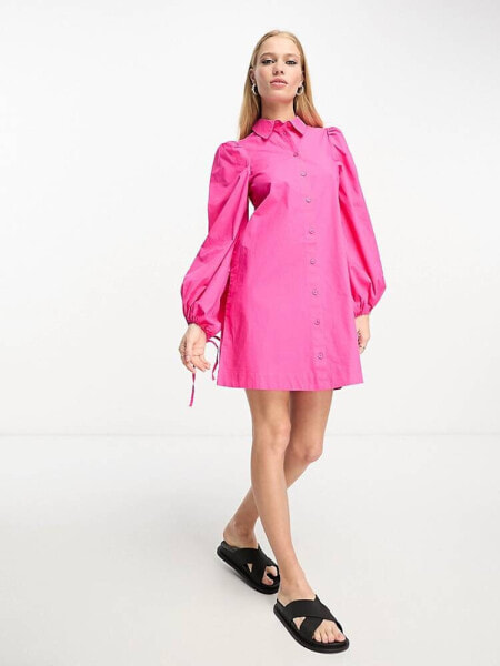 Monki balloon sleeve mini shirt dress in pink