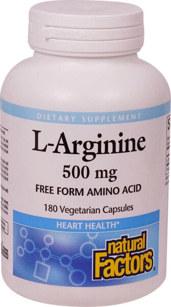Natural Factors L-Arginine Аминокислота L-аргинин для поддержки сердечно-сосудистой системы 500 мг 180 вегетарианских капсул