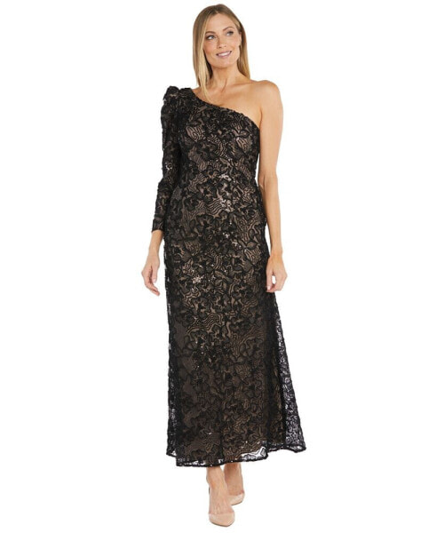 Women's One-Long-Sleeve Floral-Lace Sequin Gown