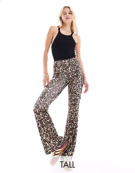 ONLY Tall ribbed flared trousers in leopard print