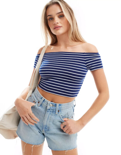 Pieces off the shoulder top in navy and white stripe