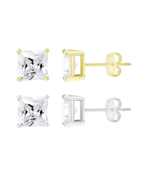 Cubic Zirconia Duo Cushion Cut Stud Earring Set in Silver Two Tone Plated