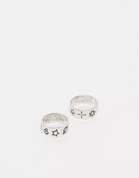 Reclaimed Vintage unisex ring 2 pack with doodles in burnished silver