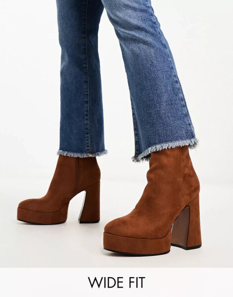 ASOS DESIGN Wide Fit Enchant heeled platform boots in tan micro