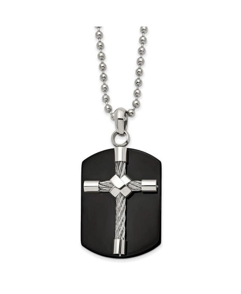 Polished Black IP-plated Wire Cross Dog Tag Ball Chain Necklace