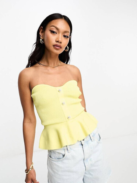 River Island peplum knit bandeau top with pearl detail co-ord in lemon yellow