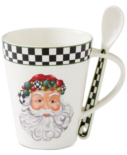 Christmas Tree Santa Black & White Porcelain Mug & Spoon Set