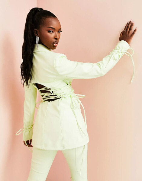 ASOS LUXE leather look blazer with cut out back and lace up waist in lime