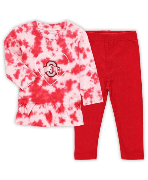 Infant Girls Scarlet Ohio State Buckeyes Tie-Dye Ruffle Raglan Long Sleeve T-shirt and Leggings Set