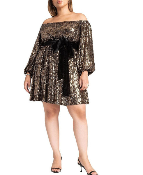 Plus Size Sequin Mini Dress With Bow - 20, Black Gold Sequin