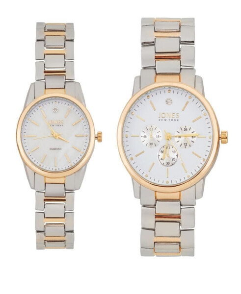 Men and Women's Analog Shiny Two-Tone Metal Bracelet His Hers Watch 42mm, 32mm Gift Set