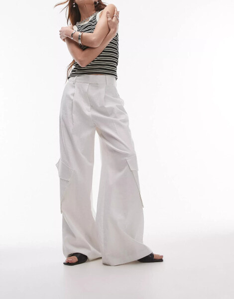 Topshop wide leg linen trouser with pockets in white