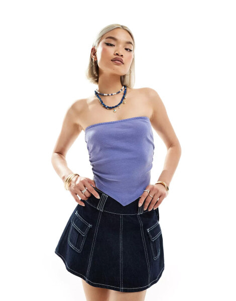 Noisy May hanky hem bandaue top in washed denim