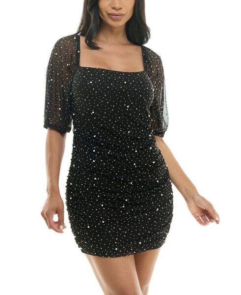 Juniors' Mesh Imitation Pearl and Stone Ruched Bodycon Dress