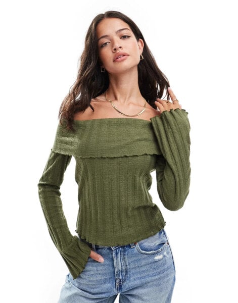 Pieces off the shoulder ribbed long sleeve top with lettuce edge detail in khaki