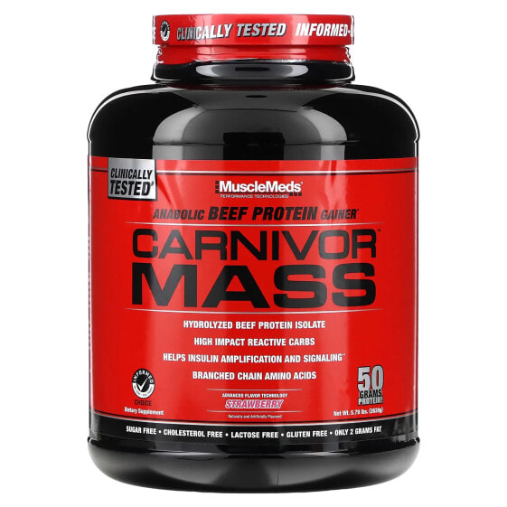 MuscleMeds, Carnivor Mass, анаболический гейнер с говяжьим протеином, клубничный вкус, 2698 г (5,79 фунта)