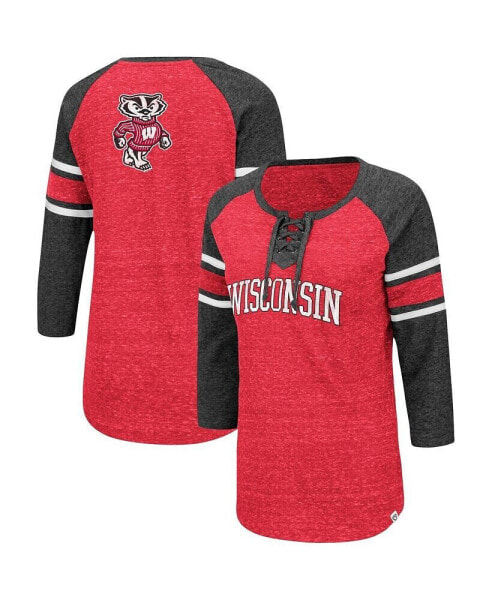 Women's Red and Heathered Charcoal Wisconsin Badgers Scienta Pasadena Raglan 3/4 Sleeve Lace-Up T-shirt