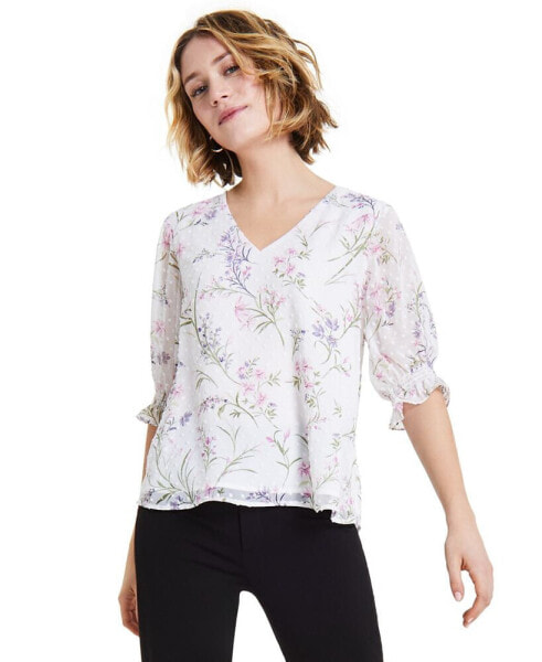Блузка CeCe женская с рюшами и длинным рукавом цветочная 3/4-рукав V-образным вырезом