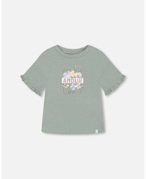 Girl Organic Cotton Top With Print And Frills Olive Green - Toddler Child