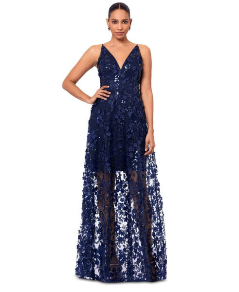 Women's 3D Floral-Appliqué Sequined Gown