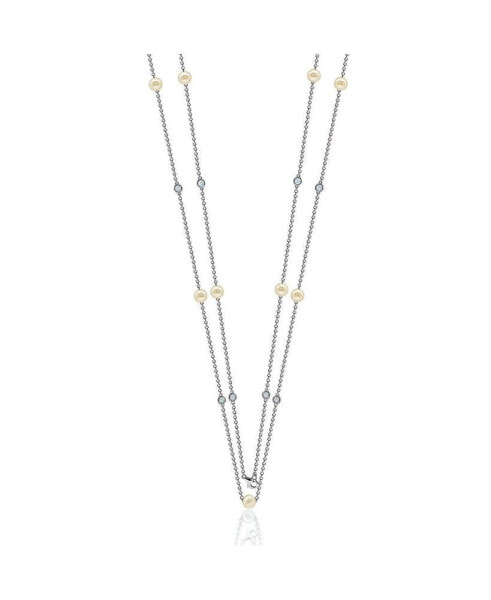 Suzy Levian Sterling Silver Pearl and Cubic Zirconia Station Necklace
