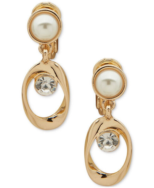 Gold-Tone Crystal & Imitation Pearl Orbital Clip-On Drop Earrings