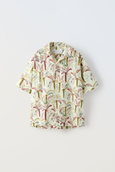 Palm tree print linen blend shirt