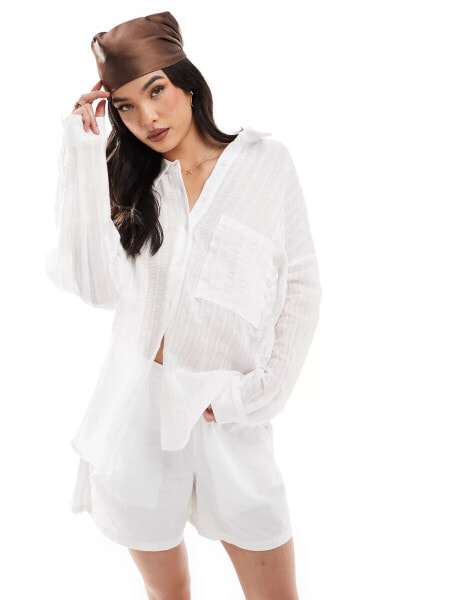 Pull&Bear seersucker texture oversized shirt in white