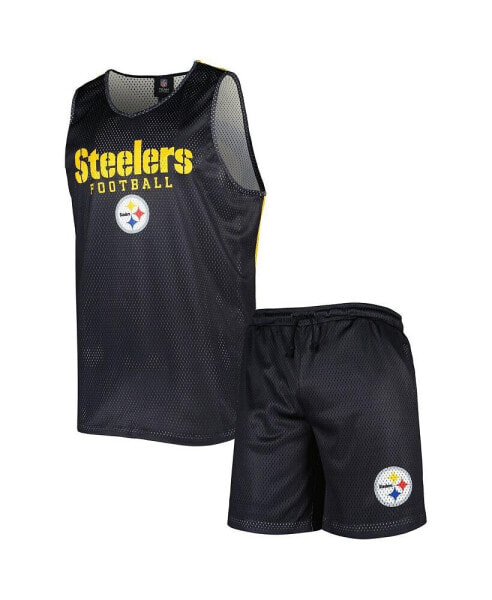 Men's Black Pittsburgh Steelers Colorblock Mesh V-Neck and Shorts Set