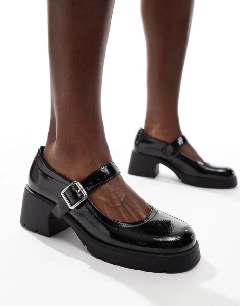 ASOS DESIGN Saxton chunky mary jane heeled shoes in black patent