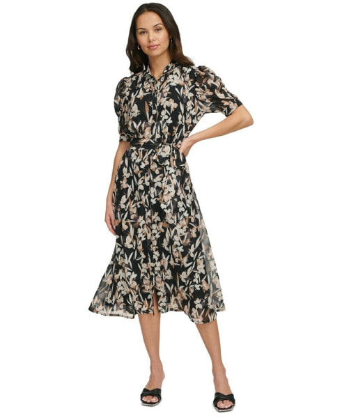 Women's Printed Puff-Sleeve Button-Front Dress