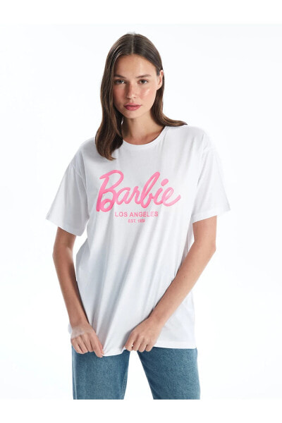 Bisiklet Yaka Barbie Baskılı Kısa Kollu Kadın Tişört