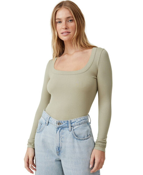 Women's Staple Rib Scoop Neck Long Sleeve Top