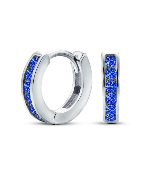 Blue Cubic Zirconia CZ Channel Set Small Huggie Hoop Earrings For Women Royal Blue Sterling Silver