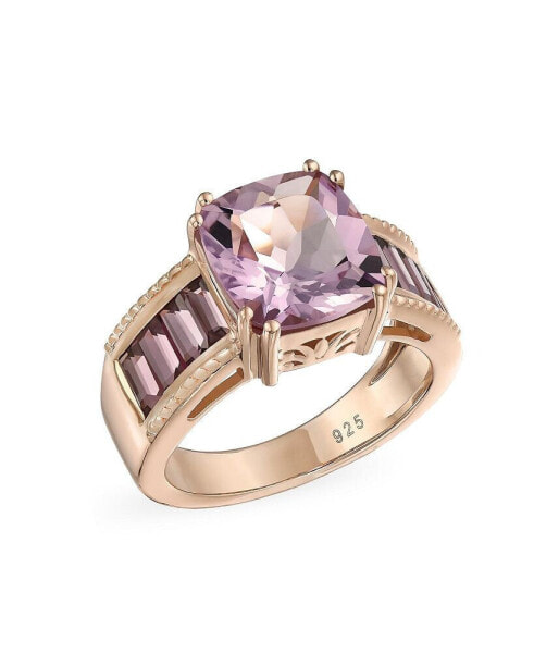 5.45CT Square Cushion Cut Pink Amethyst Ring For Women Rhodolite Garnet Baguette Rose Gold Plated .925 Sterling Silver