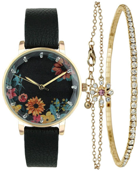 Women's Black Strap Watch 32mm Gift Set, Created for Macy's