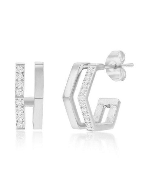 Stainless Steel, Geometric CZ Hoop Earrings