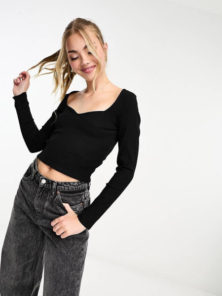 Monki long sleeve cropped top in black