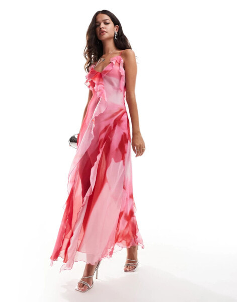 Mango – Maxi-Trägerkleid mit Blumenmuster in Rosa und Rot