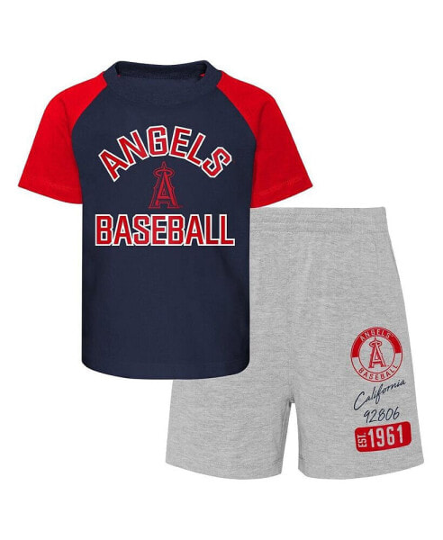 Infant Boys and Girls Navy and Heather Gray Los Angeles Angels Ground Out Baller Raglan T-shirt and Shorts Set