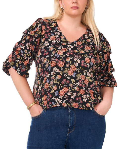 Women's Plus Size Printed V-Neck Bubble Sleeve Top